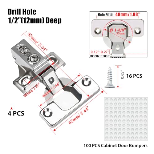 BESTEEL 4 Pack 1/2 inch Overlay Soft Close Cabinet Door Hinges for Kitchen Cabinet Hinge, 100 Degree Opening Angel, Stainless Concealed Kitchen Cabinets Hinge Self Closing with Mounting Screws &Manual - size: 4 PCS