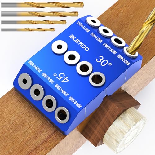 BLEKOO Blue Angled Drill Guide Jig with 4 Bits for Wood Posts & Cable Railing Lag Screw Kit, Durable All Metal Drill Jig for Drilling 30°, 45°, 90° Degree Angle Holes - color: Blue