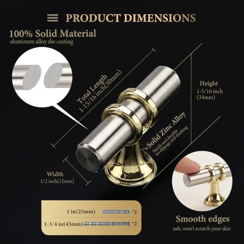 Haliwu 10Pack Brushed Nickel and Gold Cabinet Knobs | Solid Aluminum and Zinc Alloy, Single Hole, Kitchen Knobs for Drawer Dresser Hardware - color: Brushed nickel&Gold, size: 2-inch (50mm) single hole