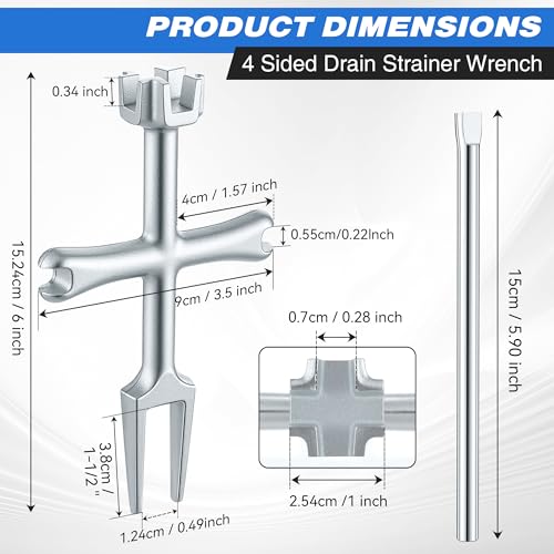 4 Sided Drain Strainer Wrench and 3 Way Plumbers Wrench Set, Heavy Duty Sink Drain Tool for Tub Removal, Basket Strainer Installation, Fits 1-3/4, 2, 2-1/2 Inch Nuts, with Silicone Putty