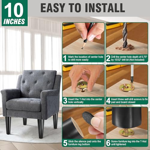 FoDau770 Rubber Wood Legs 10", Straight Taper, 5/16"-18 Thread, Black, 4pcs | Wood Couch legs - Mid Century Sofa Legs - Furniture legs Replacement for Cabinet Dresser Chair Ottoman - color: Black, size: 10 Inch - Straight (90°)