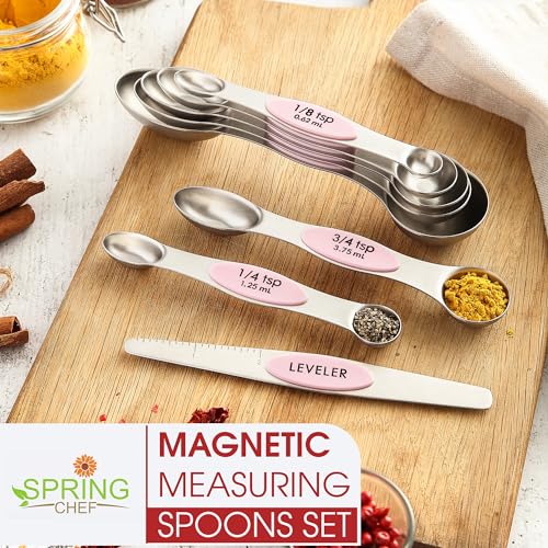 Spring Chef Stainless Steel 8 Magnetic Measuring Spoons Set, Pink Lemonade - color: Pink Lemonade, size: 1-Pack