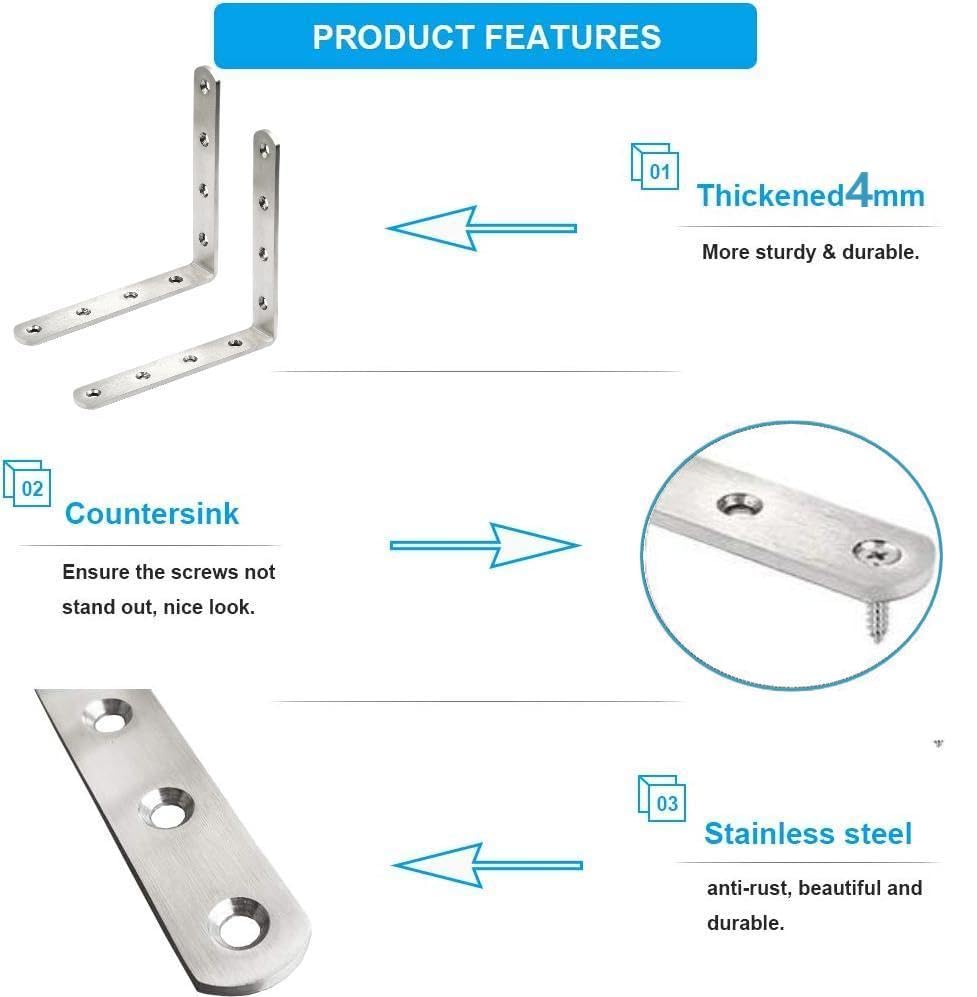 Stainless Steel Corner Bracket - 8 PCS Heavy Duty Right Angle Brackets for Wood Furniture and Metal Joints -6 x6 Inch - with Screw - size: 6 x 6 inch 8 pieces