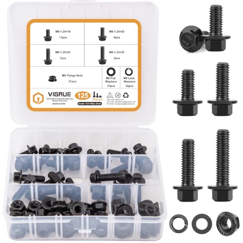 VIGRUE 125PCS M8-1.25 x 16/20/25/30mm Hex Flange Bolts Nuts Washers Kit, Metric Bolt and Nut Assortment, Black Assorted Nuts and Bolts, Full Coarse Thread, Class 10.9 Alloy Steel - size: M8-1.25