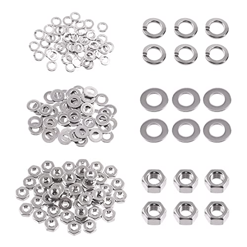 Swpeet 150Pcs Metric 304 Stainless Steel M2 Hex Nuts and M2 Flat Washers with Split Lock Washers Assortment Kit, Coarse Thread Hexagon Nut for Home Automotive Shop Use - size: M2 Hex Nuts & Washers