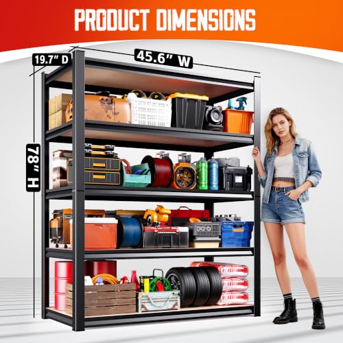 Garage Shelving-2050 lbs 5 Tier Storage Shelves,Adjustable Heavy Duty Metal Shelving Unit and Storage Large Rack,Utility Steel Shelf for Warehouse Industrial Pantry Basement -78"x45"x20",Black - size: MDF/46"Wx20"Dx78"H