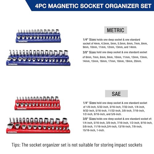 WORKPRO Magnetic Socket Organizer Set, 4-Piece Socket Holder Set - size: 4 Pieces-1/4" & 3/8" DR, SAE & Metric