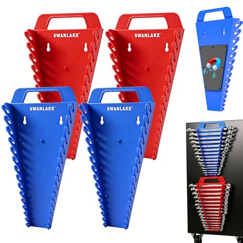 SWANLAKE Magnetic Wrench Organizer Toolbox Holder, 4-Pack SAE (1/4'' to 1-1/16''), Metric (6mm to 27mm) Wrench Organizers, Total Hold 60 Slots Ratchet Holders for Tool Box - style: 60-Slot Red&Blue