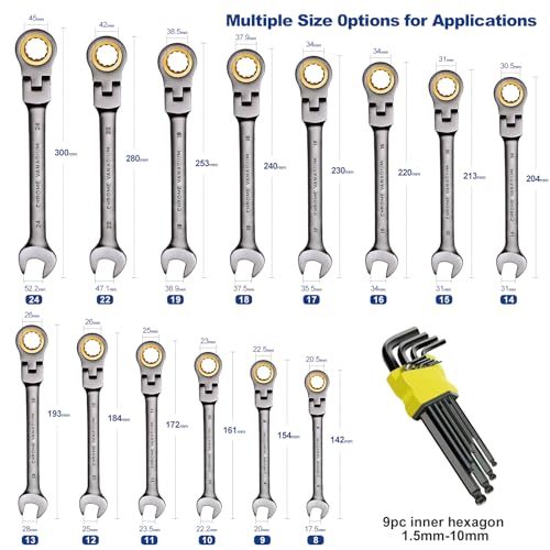 23-Piece Metric Wrench Set, 8-24mm Flex-Head Ratcheting Combination Wrenches with 9 Allen Keys, 72-Tooth CR-V Steel, Organizer Bag