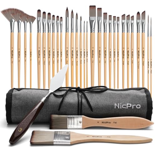 Nicpro 32pcs Paint Brush Set, Acrylic Paint Brushes, Professional Artist Series with Paint Spatula and Cloth Roll, Paintbrushes for Oil, Acrylic Canvas Paintings, Watercolor, Art Supplies - color: Beige