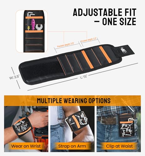HiRui Magnetic Wristband for Tools – Ultra-Strong 15 Neodymium Magnets Hold Screws, Nails & Bits, Dual Pockets – Hands‑Free for DIY, Home Repairs, Auto – Gift‑Ready for Dad, Husband, Grandpa (Black) - color: Black