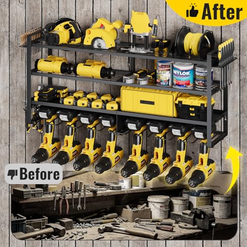 Wall Mount Power Tool Organizer, 4-Tier Metal Tool Storage Rack Loads 300 lbs with 8 Cordless Drill Holder, Utility Rack for Garage, Workshop & Basement, Black - color: Black, size: 33.27 Inch