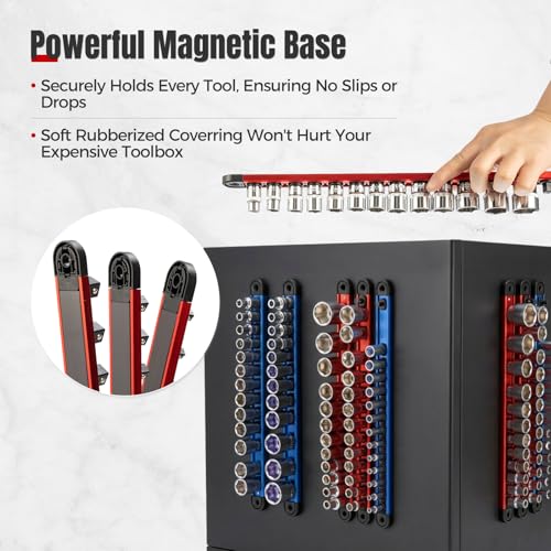 6PC Magnetic Socket Organizer Set, 1/2" 3/8" 1/4" Drive - color: Red & Blue, size: 6 Pieces-1/4", 3/8", 1/2" DR