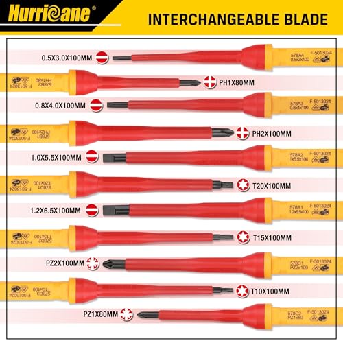 HURRICANE 13 Piece 1000V Insulated Electrician Screwdriver Set, Cr-V Magnetic Tip. 4 slotted, 2 Phillips, 2 Pozidriv, 3 Torx, 1 Electroprobe, and 1 handle. Ideal for Professional & Home Repair - size: 13 Piece Basic Insulated Screwdriver Set