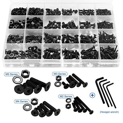 NINDEJIN Hex Socket Flat Head Screw M2 M3 M4 M5 Bolts Nuts and Washer Assortment Kit, 1060 PCS Metric Screws with 4 PCS Allen Wrenches, Small Black Machine Screws Set, 12.9 Carbon Steel - size: 1060 Hex Flat Head Socket Screws Nuts