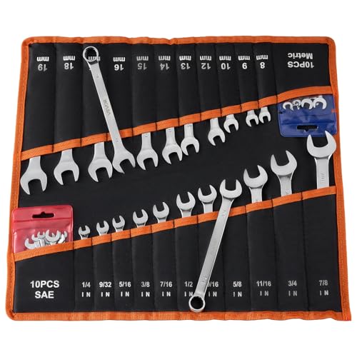 VEVOR Combination Wrench Set, 42-Piece SAE and Metric, 12-Point Box End and 15° Angled Open End Combination Wrenches with Roll Up Pouch, Carbon Steel, for General Household and Automotive Repairs - size: 42PCS (Metric&SAE), style: Regular