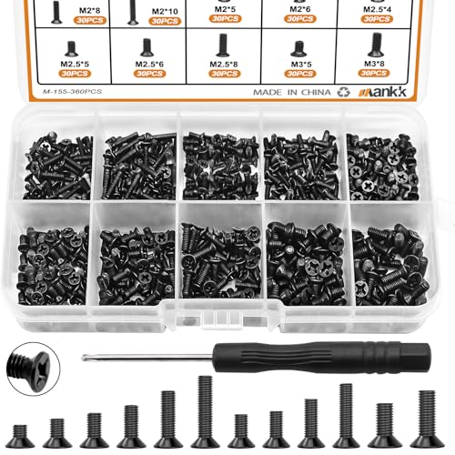 mankk 360PCS Laptop Screws 12 Sizes M2 M2.5 M3 Replacement Computer Tiny Screws Motherboard Screw with Screwdriver for Laptop PC Repair & DIY - color: Black-360PCS