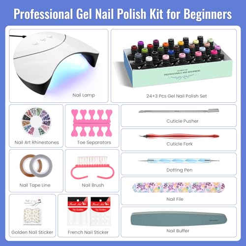 VANREESA 42 Pcs Gel Nail Polish Kit with U V Light 24 Colors Gel Polish Nail Kit Pink Red Orange Yellow Green Brown Blue Purple Gray Complete Nail Kit with Manicure Tools Gifts for Women - color: Elegant & Trendy Collection