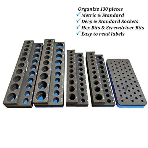 ToolGear Socket & Bit Organizer for Tool Box Drawer – Holds 80 Sockets + 50 Hex Screwdriver Bits, 1/4" & 3/8" Drive, Metric & SAE, Deep & Standard, Easy-Read Size Labels – Garage & Shop Storage Tray