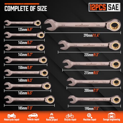 HORUSDY 12-Piece SAE Ratcheting Wrench Set | 1/4” to 7/8“ | Ratchet Combination Wrenches Set with Organizer | 72-Teeth | Chrome Vanadium Steel - style: 12-Piece SAE Ratcheting - Basic