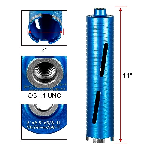 SALI Diamond Core Drill Bits 2" Diameter 10"/254mm Drilling Depth 5/8-11" Thread Core Bit Turbo Laser-Welded Segments for Cured Concrete with, Brick, Block, Masonry, with Two Adapters - size: 2 inch