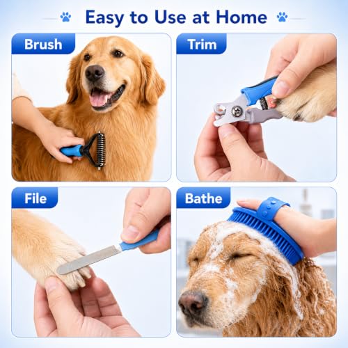 4-Piece Pet Grooming Kit with Rake, Nail Clippers and Bath Brush - color: Blue-4 CPS