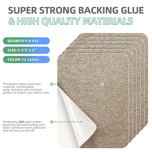Azobur Coarse Linen Repair Patches, 6 Piece Self-Adhesive Linen Fabric Patches, Multi Color, Can be Used for Linen Sofa Repair and Linen Clothes Repair, Quick Fix Sofa.(Khaki) - color: Linen - Khaki