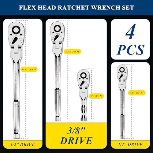 PRIDE&CRAFT 4-Piece Flex Head Ratchet Set, 1/4", 3/8", 1/2" Drive, 3/8" Stubby, 72-Tooth, Socket Wrench Quick Release Reversible Design, Swivel Head Ratchet, Chrome Alloy Made, EVA Organizer - style: 4pc Flex Head