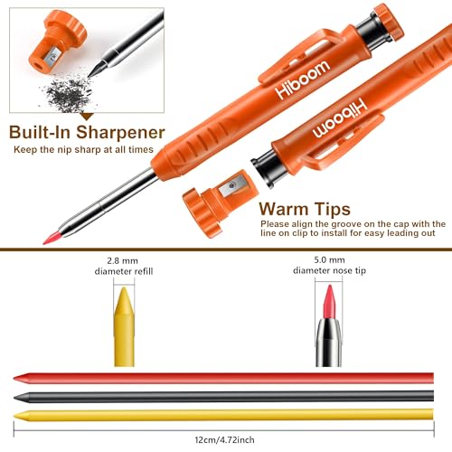 Hiboom 2 Pack Carpenter Pencils with Pencil Cap and 18 Refills, Orange - color: Orange