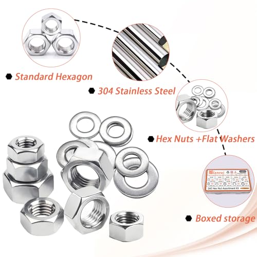 Dianrui 310PCS SAE Hex Nuts Assortment Kit with Flat Washers, 10 Size 304 Stainless Steel Hexnut Set Hardware Nuts #4-40,#6-32,#8-32,#10-24,#10-32,#12-24,1/4''-20,5/16''-18, 3/8''-16,1/2''-13 - size: 310PCS SAE Kit (#4-40—5/16''-18)