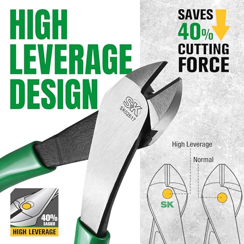 SK 9" Angled Side Cutters, Heavy Duty Diagonal Cutting Pliers, Wire Cutters