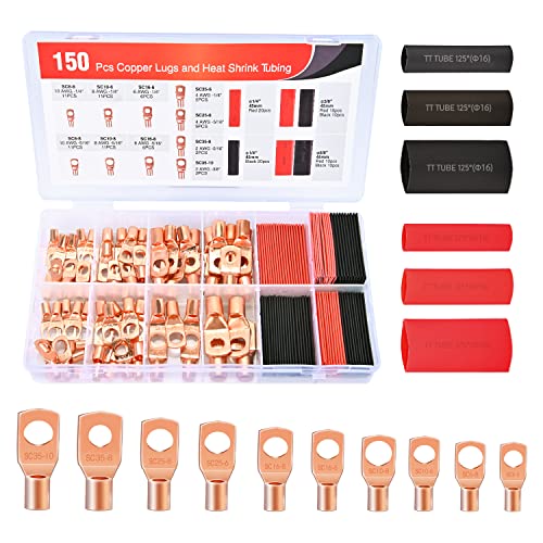 Nilight 150PCS Copper Wire Lugs and Heat Shrink Tubing | Heavy Duty 70PCS Battery Crimp Terminal and 80PCS 3:1 Heatshrink Tubes for 2 4 6 8 10 AWG Wires Distribution Box Battery Cable Solar Systems - color: 150PCS Copper Wire Lugs