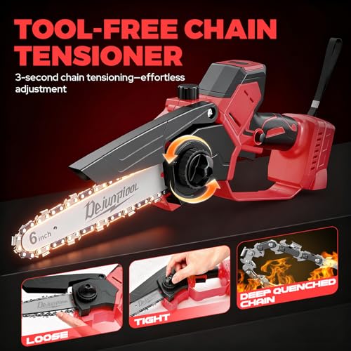Mini Chainsaw Cordless Compatible with Milwaukee M18 18V Battery (NO Battery), 6 Inch & 8 Inch Small Electric Chainsaw Brushless, 2x 6'' Chains + 2x 8'' Chains, Auto Oiler, Handheld Pruning Chain Saw - color: Red-black