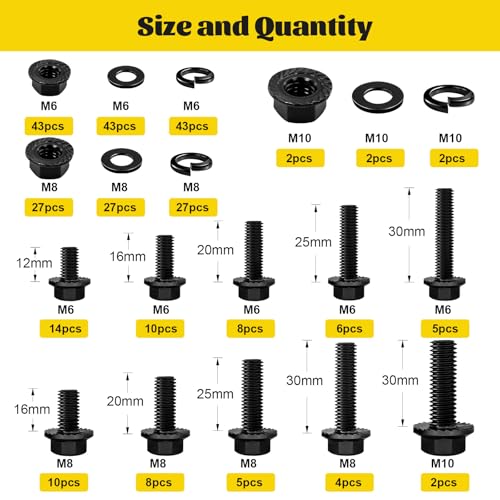 288PCS M6 M8 M10 Flange Bolt Assortment Kit, Length 12/16/20/25/30 mm - size: M6 M8 M10 288pcs
