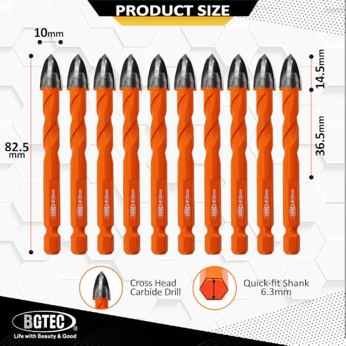 BGTEC Cemented Carbide Drill Bits Masonry Drill Bits, 10pcs Quick-fit Shank 10MM Cross Spiral Hard Alloy Drill Bit for Wood Plastic Masonry Ceramic Tile Concrete Marble - size: 10pcs 10mm
