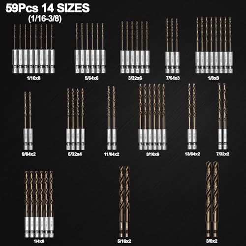 Hex Shank Cobalt Drill Bit Set 59Pcs 1/16"-3/8", M35 HSS Impact Driver Drill Bits for Metal and Hardened Steel, with Indexed Storage Case - size: 59pcs 1/16-3/8