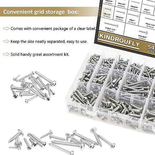 542 Pieces #4#6#8#10#12 Phillips Pan Head Self-Tapping Screws, Wood Screws Assortment Kit, 304 Stainless Steel - size: #4#6#8#10#12