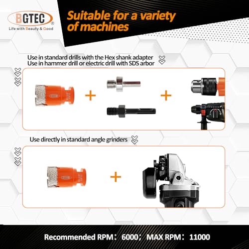 BGTEC Diamond Core Drill Bit 11PCS, Tile Hole Saw Kit 1/4" - 2-1/2" - size: 11 pcs - 6/6/8/19/35/50/65mm, style: Flash Toothed
