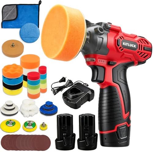 Cordless Buffer Polisher, 12V Mini Wax Buffer & Sander with 2 X 2.5Ah Battery & Charger, 1/2/3" Backing Plate, 40pcs Polishing Pads, Variable Speed for Car Detailing/Buffing/Sanding/Waxing