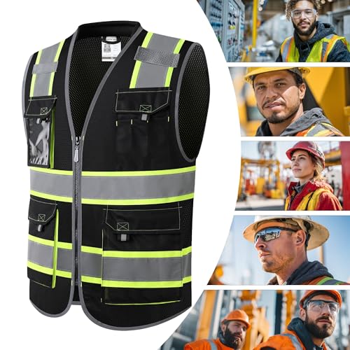 JKSafety Safety Vest for Men Women Hi Vis with Pockets and Cushioned Collar Construction Vest Meet ANSI Standard (BX360) - color: Black, size: Medium