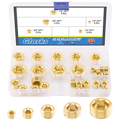 Glarks 30Pcs Brass 1/8'' 1/4'' 3/8'' 1/2'' 3/4'' NPT Male Pipe Plug Fitting Set Internal Hex Thread Socket Pipe Plug Assortment Kit - size: 1/8''-3/4''NPT Assorted