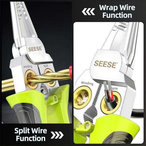 SEESE 8-in-1 Wire Stripper for Electrician: Needle Nose Pliers with Voltage Tester & Dual Alarms - Electrical Pliers for Cutting Wires, Pulling Wires and Crimp Wires