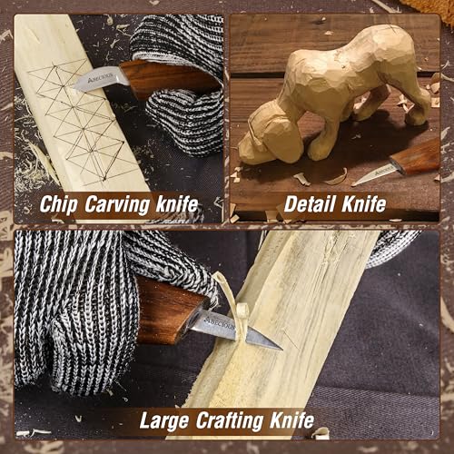 ABECIOUS Premium Wood Carving Tools 8 PCS - Wood Carving Knife, Wood Whittling Kit Includes Cut Resistant Gloves for Wood Carving, Rust-Free High Carbon Steel Wood Carving Knives with Rosewood Handle.