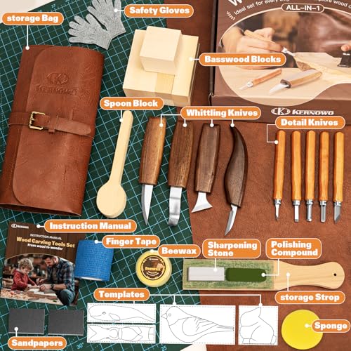 Wood Carving Kit, 32Pcs Wood Carving Tools with Storage Bag, Wood Whittling Knife Kit with 4pcs Templates & 11pcs Wood Carving Knives for Wood DIY Beginners