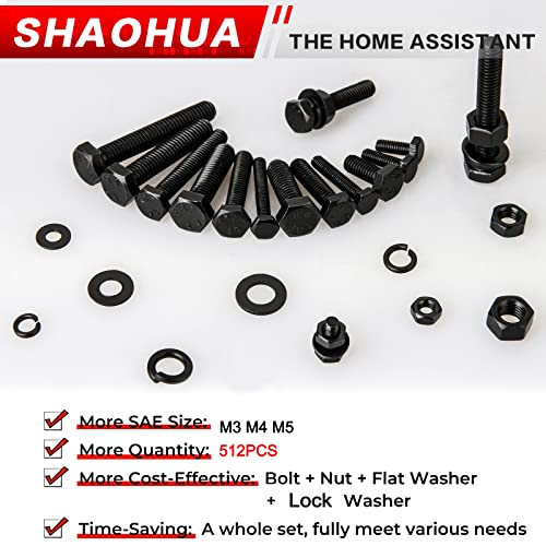 512PCS M3 M4 M5 Metric Bolt Assortment Kit, Grade 8.8 Carbon Steel Flat Hex Head Screws Bolts and Nuts Kit, Lock and Flat Gasket Washers Assortment Kit Includes 12 Most Common Sizes(Black) - size: E. M3 M4 M5