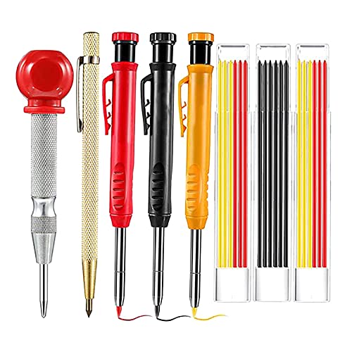 Mechanical Carpenter Pencils Set with Marker Refills and Carbide Scriber Tool, Solid Deep Hole Woodworking Pencils Marker Marking Tools with Built in Sharpener for Architect Construction - A