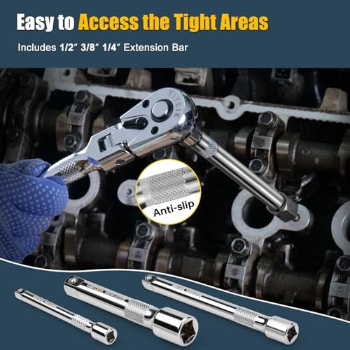 YIYEIE Stubby Flex Head Ratchet Set, 6PCS Stubby Ratchet Set 1/4 3/8 1/2 inch with 3 Extension Bars, 72 Tooth Reversible & Quick-Release, 180° Swivel Head Mini Handle with EVA Foam - size: 1/4", 3/8", 1/2" Drive, style: Stubby Ratchet Set