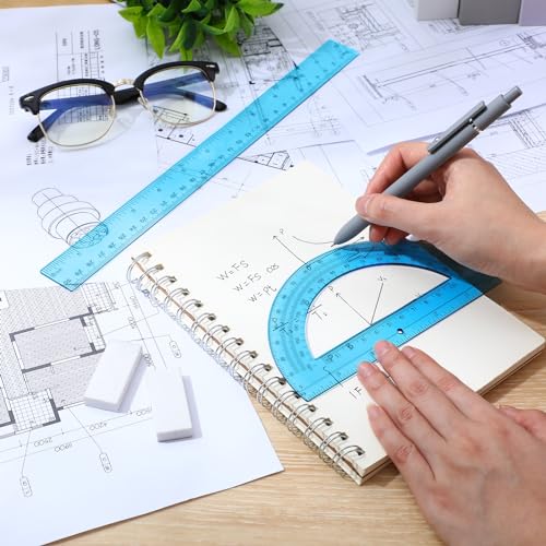 Zonon 2 Pcs 12 Inch Clear Ruler and 6 Inch Plastic Protractor Set, Blue - color: Blue