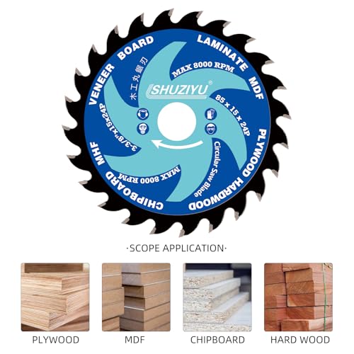 Super Thin Kerf 3-3/8"(85mm)-24T, Wood Working Mini Circular Saw Blade | Anti-Stick Coating, Arbor 15mm with 3/8“(10mm) Wahser, For Laminate, Veneer Board, Plywood, Hard wood, MDF and HDF Cutting - size: 3-3/8"(85mm) 24T Wood