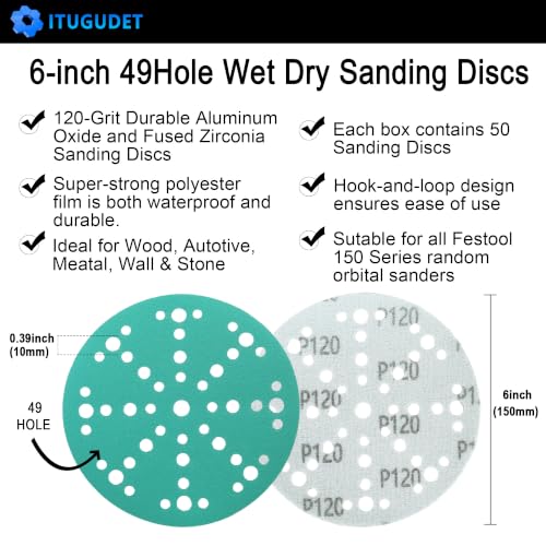 6 Inch 49 Hole Wet Dry P120 Grit Sanding Discs - 50 Pack Box - color: 120 Grit, size: 6 Inch 49 Hole